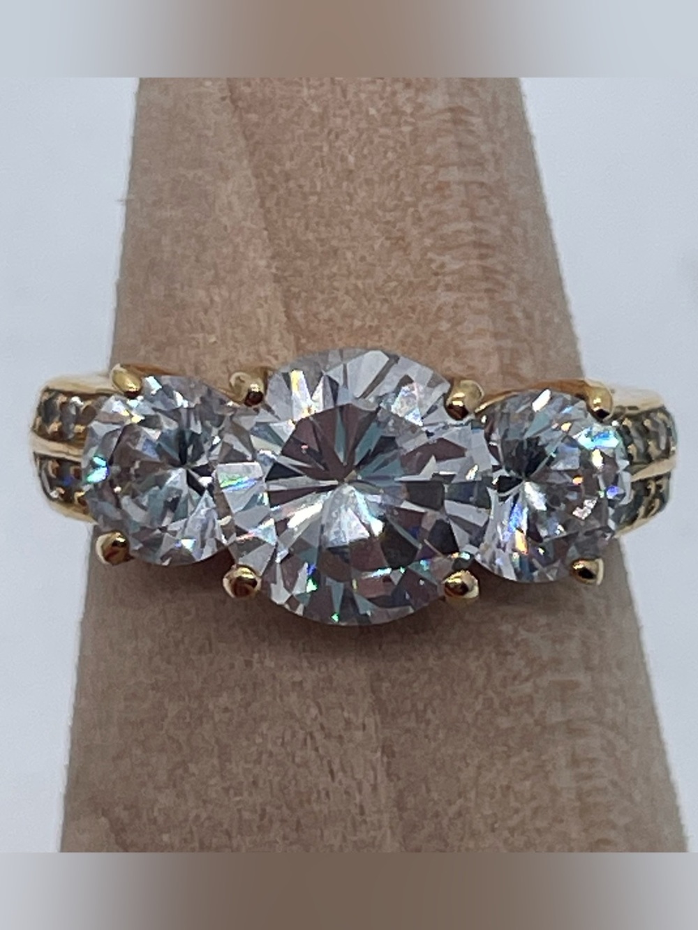 Three-Stone Gold Ring with Clear Brilliant Cut Round Stones Trilogy Ring